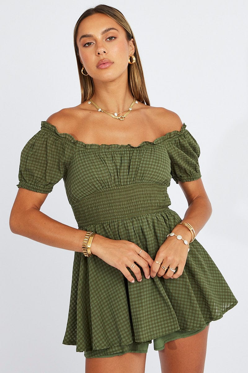 Green Shirred Playsuit Short Sleeve Self Check for Ally Fashion