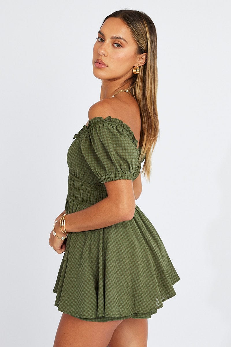 Green Shirred Playsuit Short Sleeve Self Check for Ally Fashion