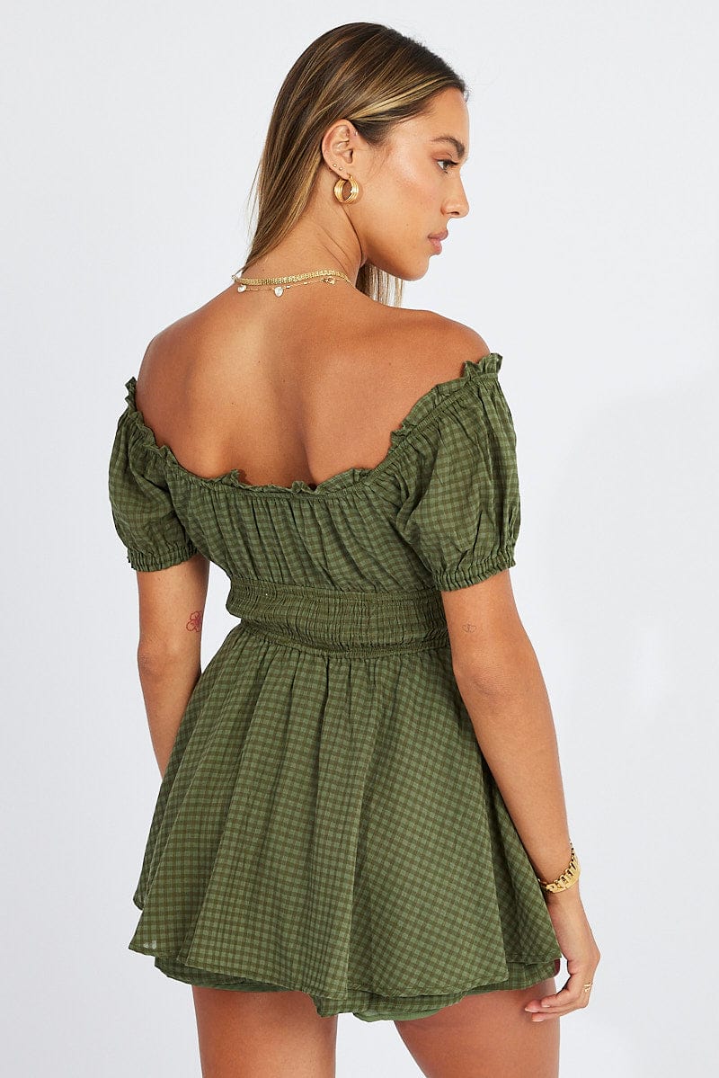 Green Shirred Playsuit Short Sleeve Self Check for Ally Fashion