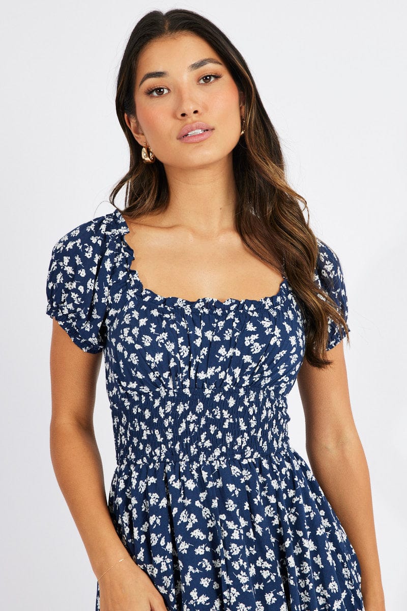 Blue Ditsy Shirred Playsuit Short Sleeve for Ally Fashion