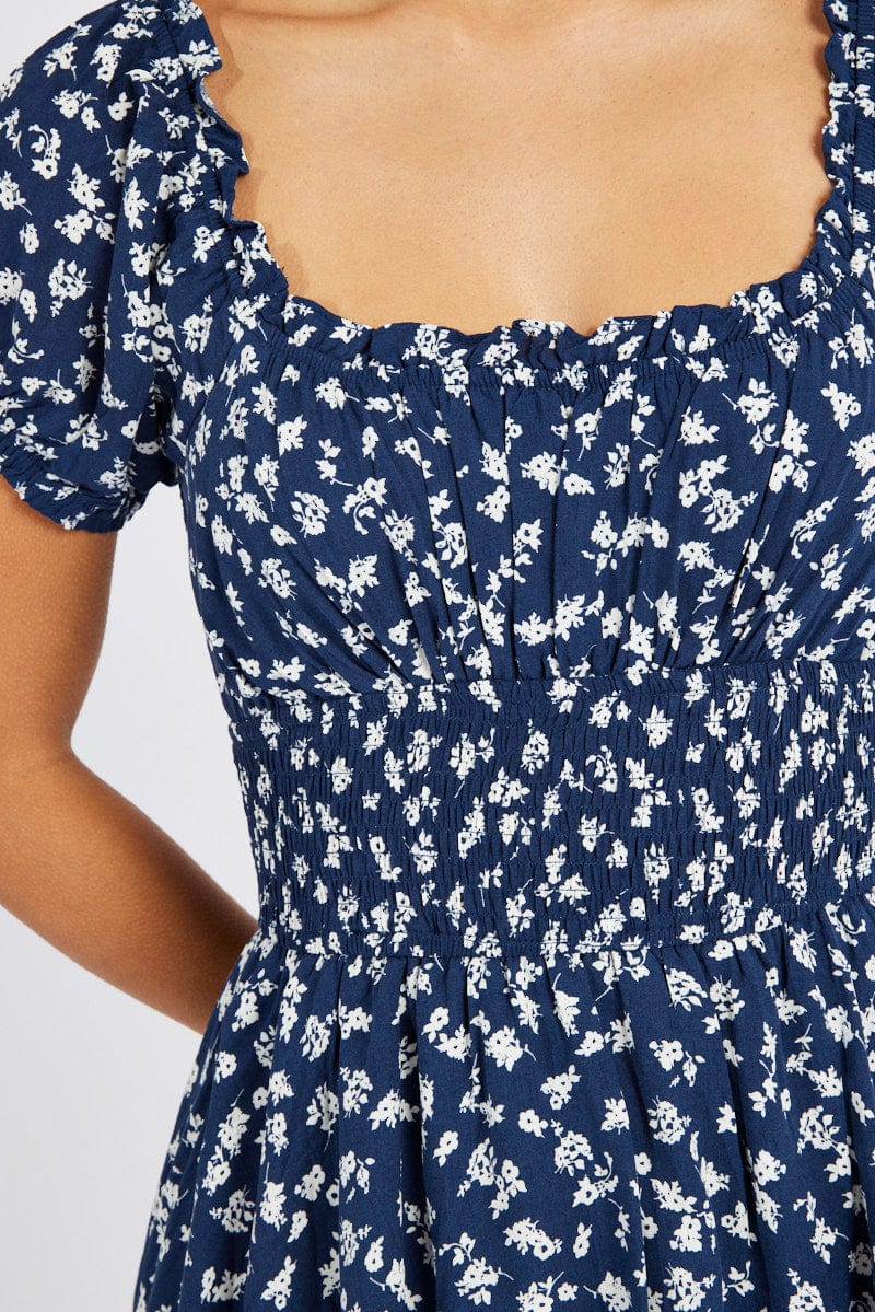 Blue Ditsy Shirred Playsuit Short Sleeve for Ally Fashion