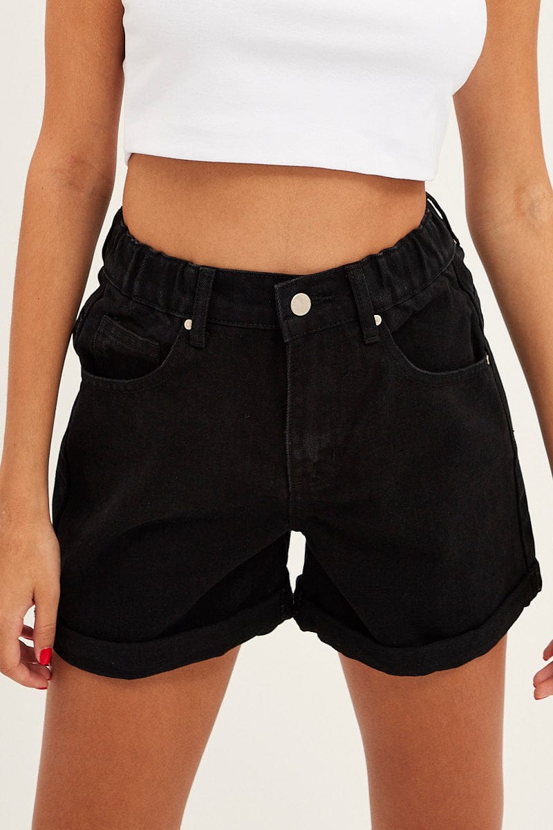 Black Relaxed Denim Shorts High Rise for Ally Fashion