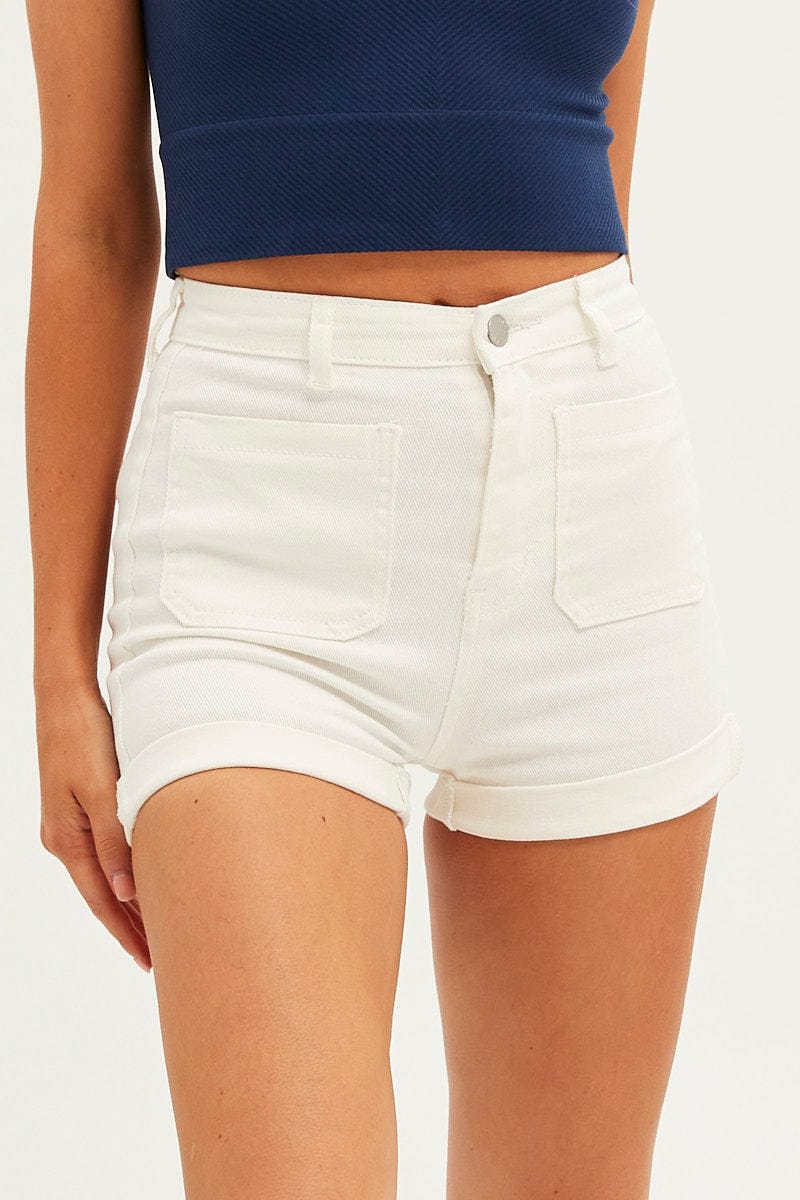 White Skinny Denim Shorts High Waist Out Pocket for Ally Fashion