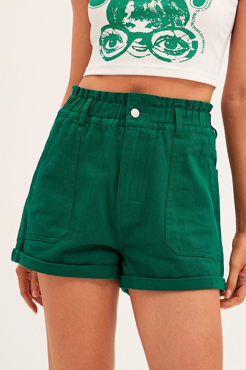 Green Relaxed Shorts Paper Bag High Rise for Ally Fashion