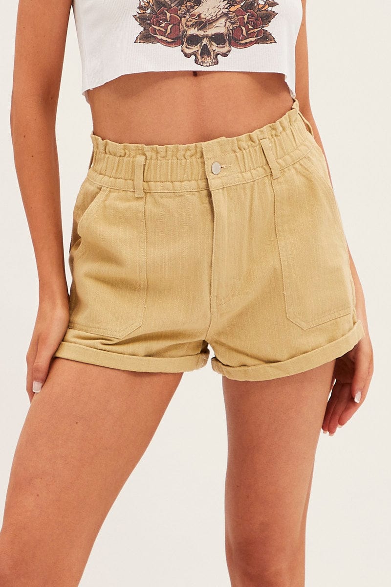 Beige Relaxed Shorts Paper Bag High Rise for Ally Fashion