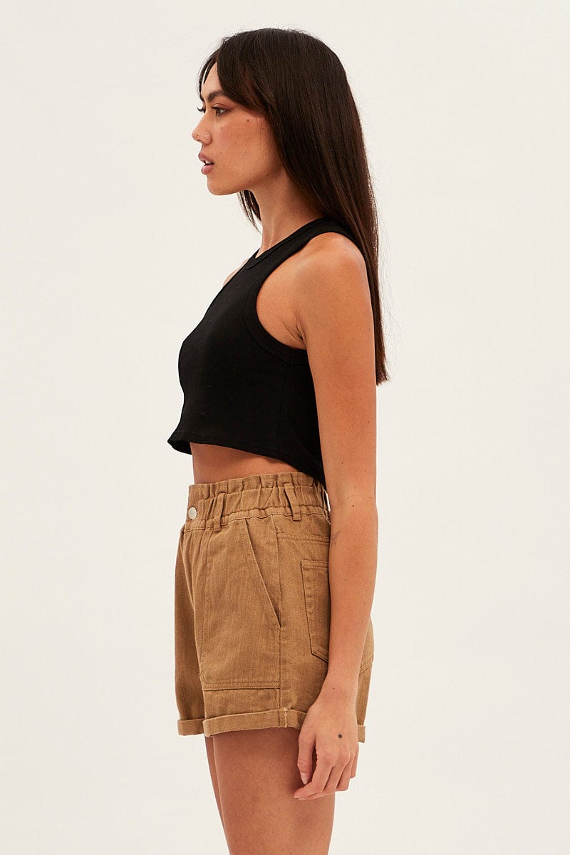 Brown Relaxed Shorts Paper Bag High Rise for Ally Fashion