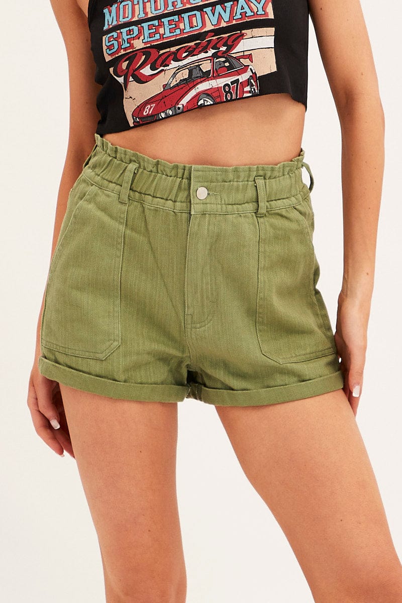 Green Relaxed Shorts Paper Bag High Rise for Ally Fashion