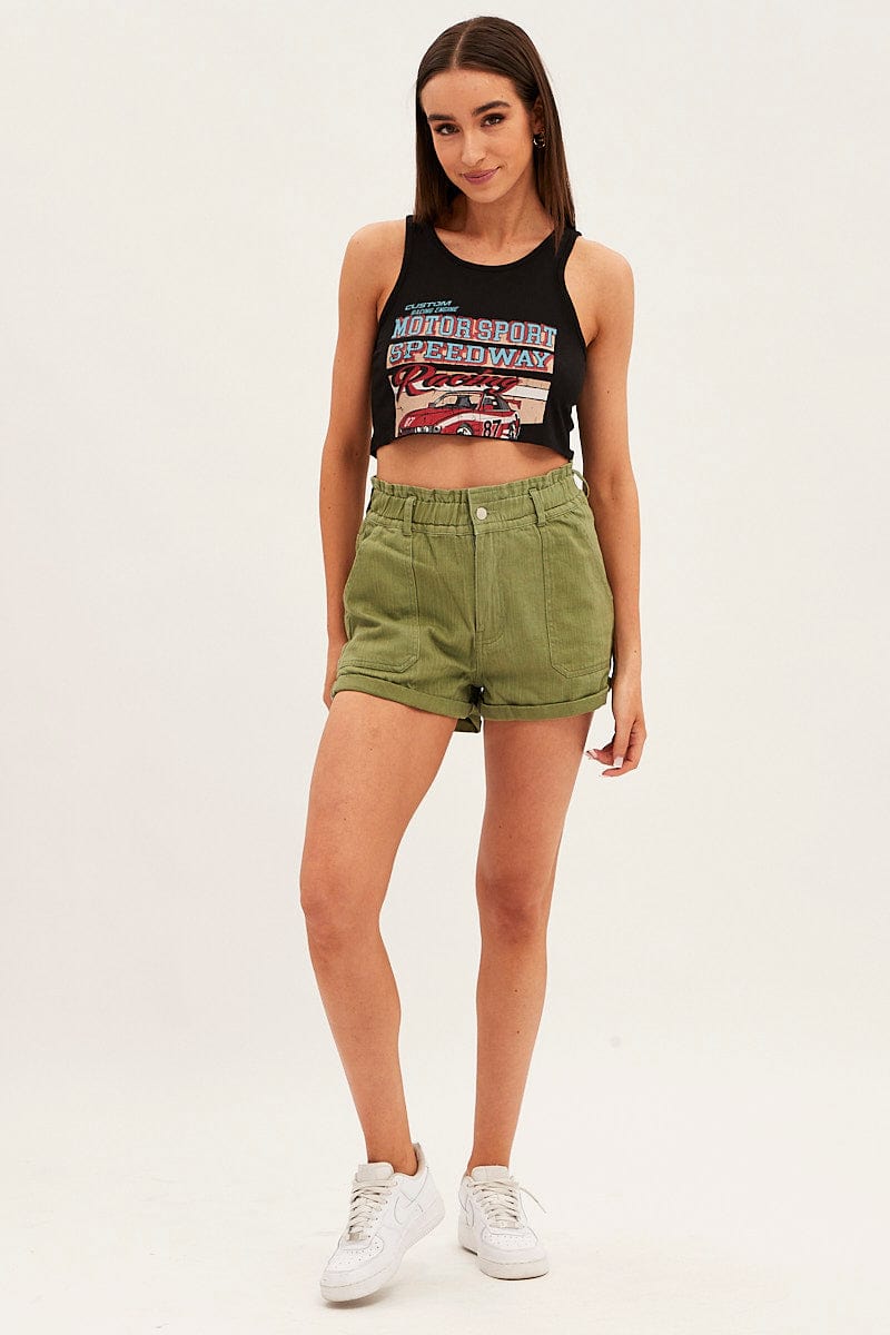 Green Relaxed Shorts Paper Bag High Rise for Ally Fashion