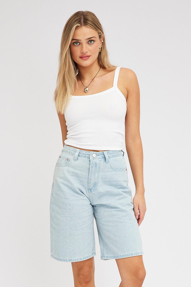 Blue Denim Knee Length Denim Shorts Relaxed for Ally Fashion