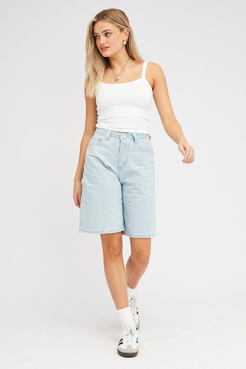 Blue Denim Knee Length Denim Shorts Relaxed for Ally Fashion