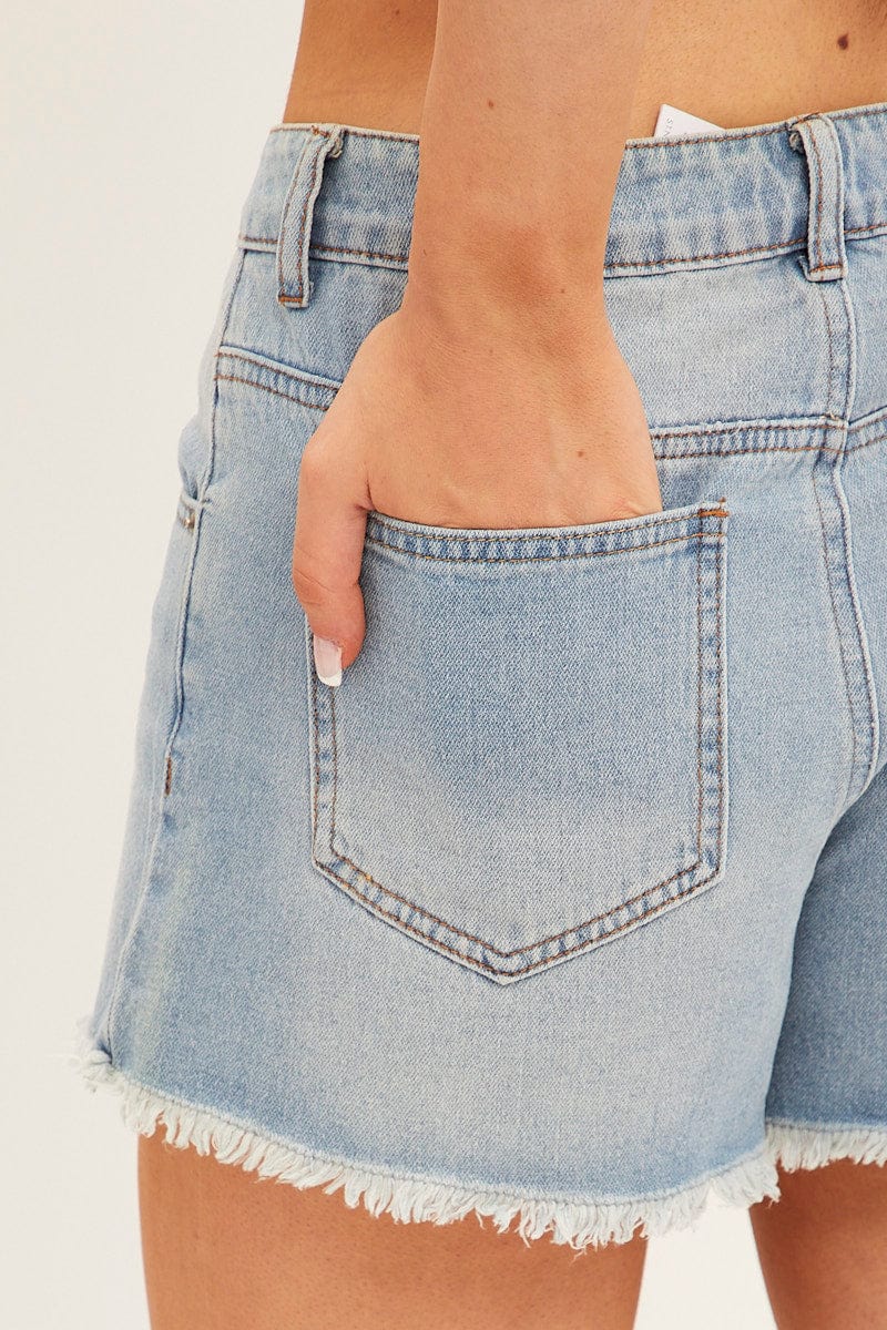 Blue Relaxed Denim Shorts Mid Rise for Ally Fashion