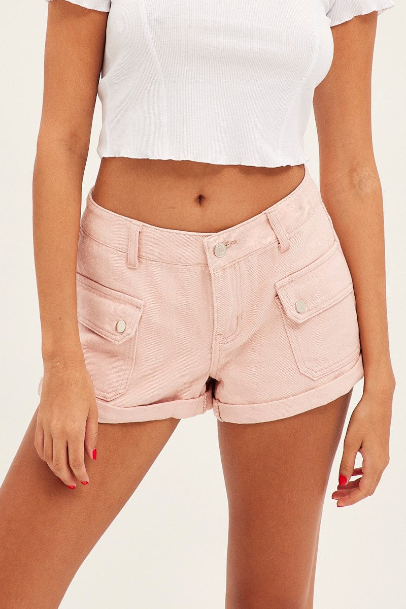 Pink Cargo Denim Shorts Low Rise for Ally Fashion