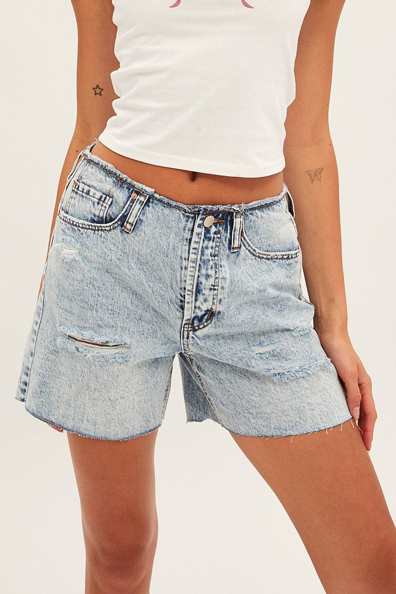 Blue Denim Shorts High Rise Relaxed for Ally Fashion