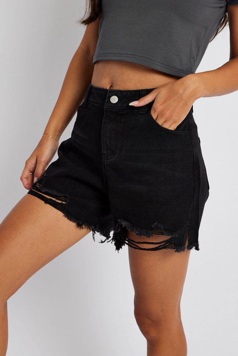 Black High Rise Denim Shorts Relaxed for Ally Fashion
