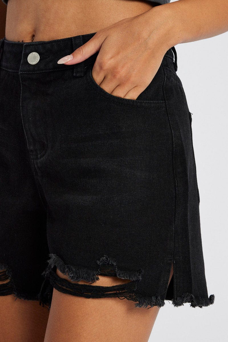 Black High Rise Denim Shorts Relaxed for Ally Fashion