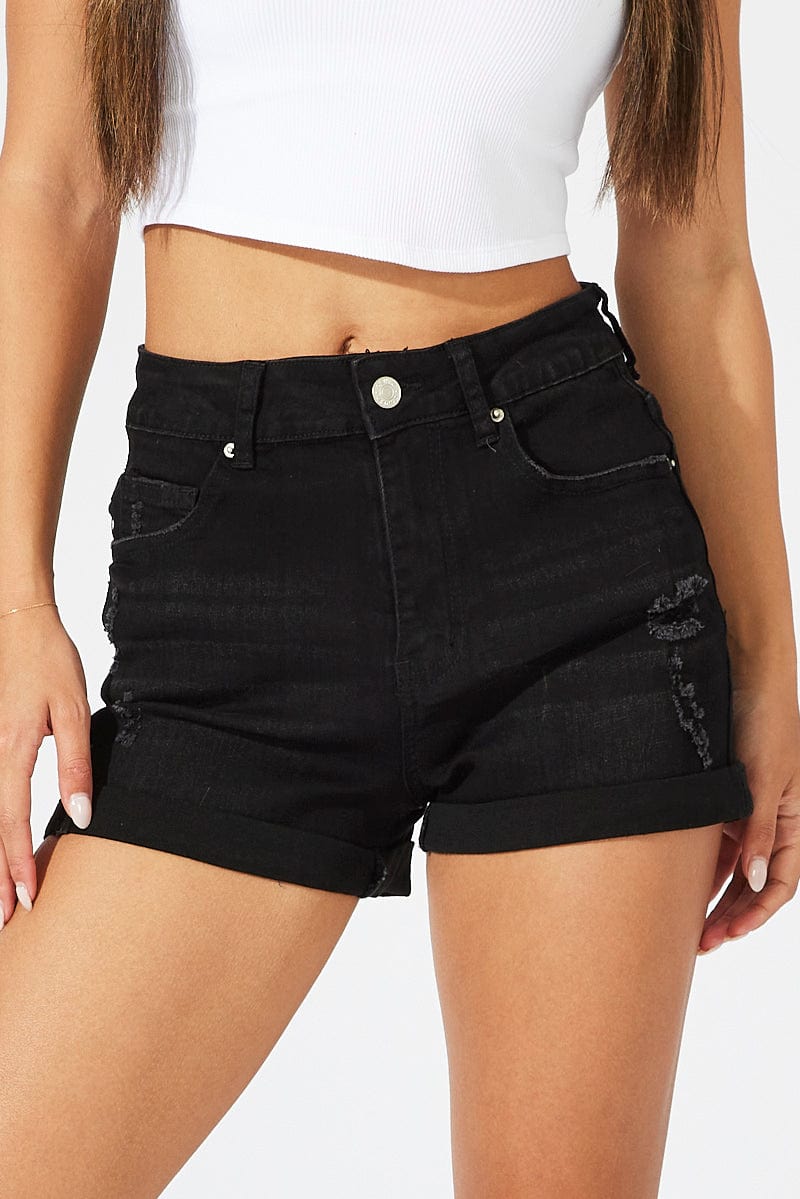 Black Stretch Denim Short Roll Up Hem for Ally Fashion