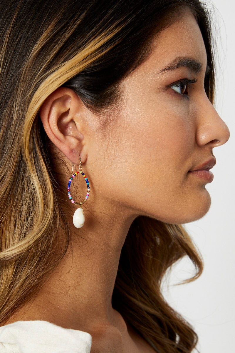 EARRINGS Multi Shell Drop Multi Coloured Beaded Hoop Earrings for Women by Ally