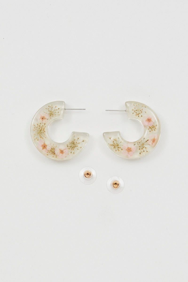 EARRINGS Print Trapped Flower Clear Plastic Hoop Earrings for Women by Ally