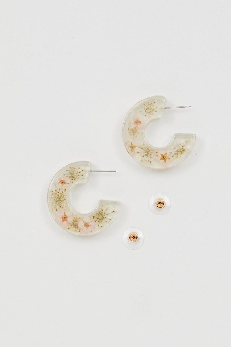 EARRINGS Print Trapped Flower Clear Plastic Hoop Earrings for Women by Ally