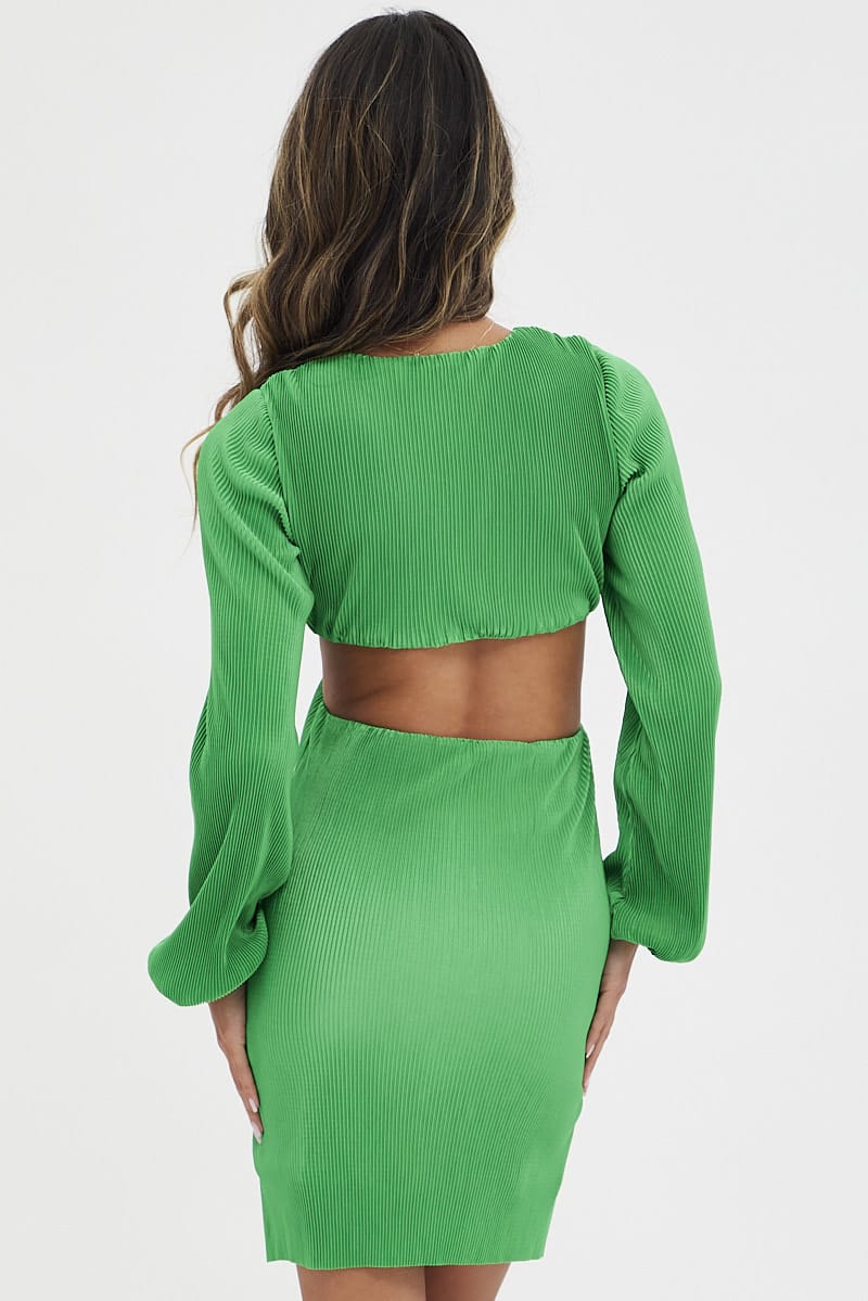 Green Plisse Dress Plunging Ring Detail Balloon Sleeve for Ally Fashion