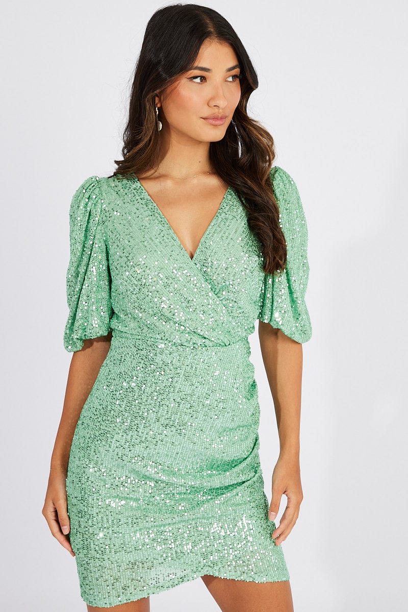 Green Sequin Mini Dress Wrap Puff Sleeve Dress for Ally Fashion