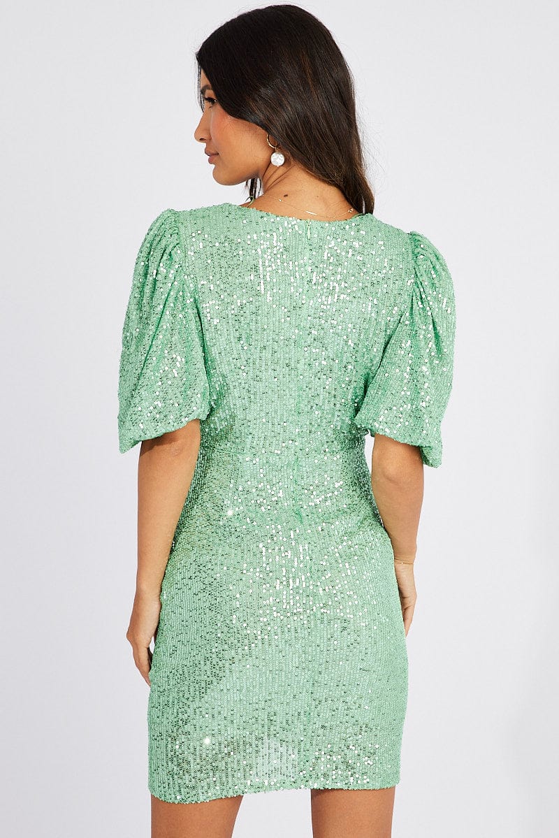 Green Sequin Mini Dress Wrap Puff Sleeve Dress for Ally Fashion