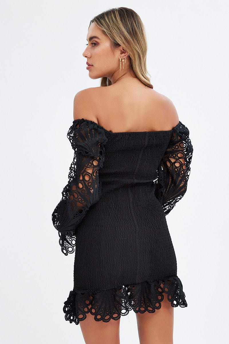 Black Embroidered Sleeves Shirred Bodycon Dress for Ally Fashion