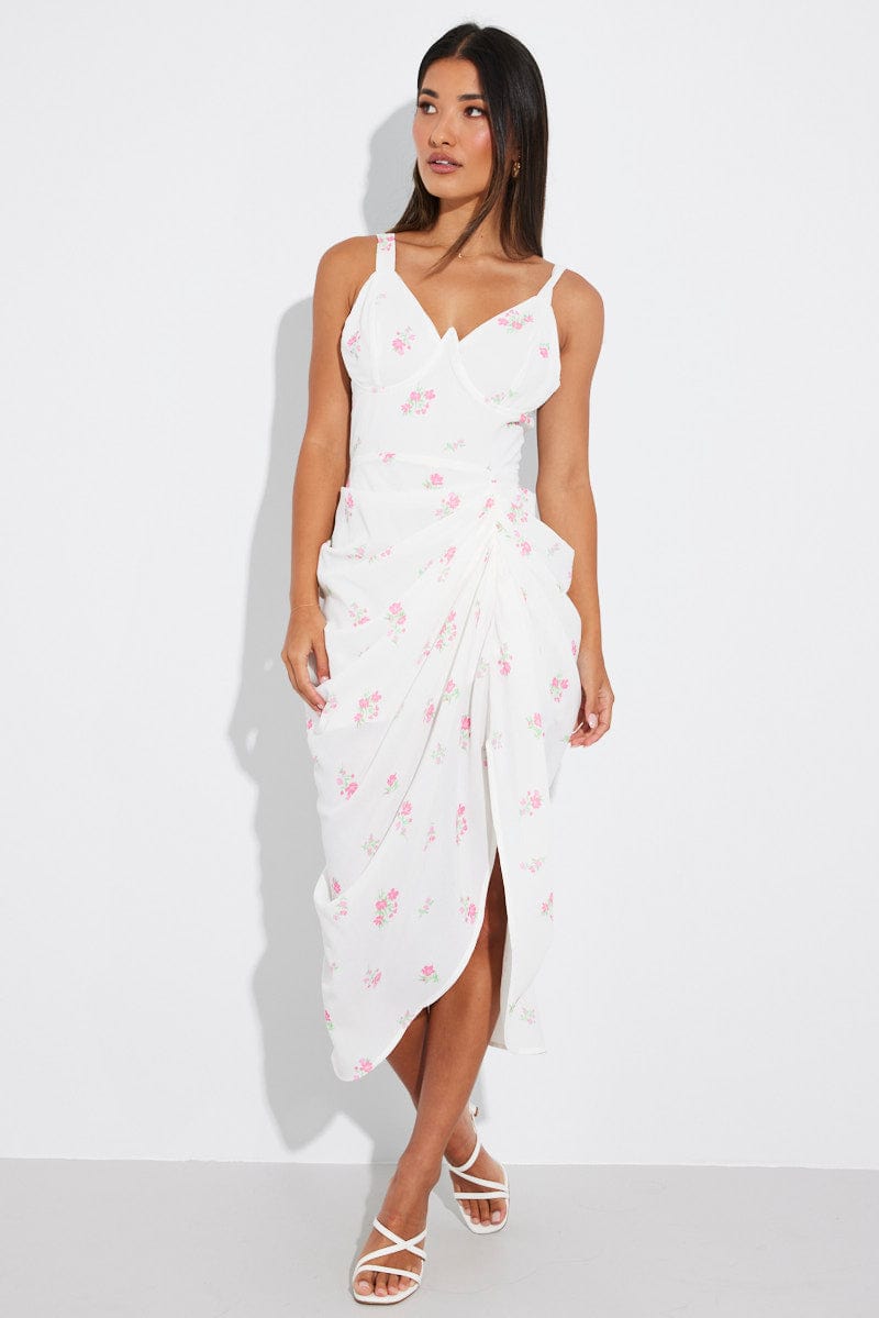 ditsy floral print boat neck corset slip midi dresses-white Ditsy