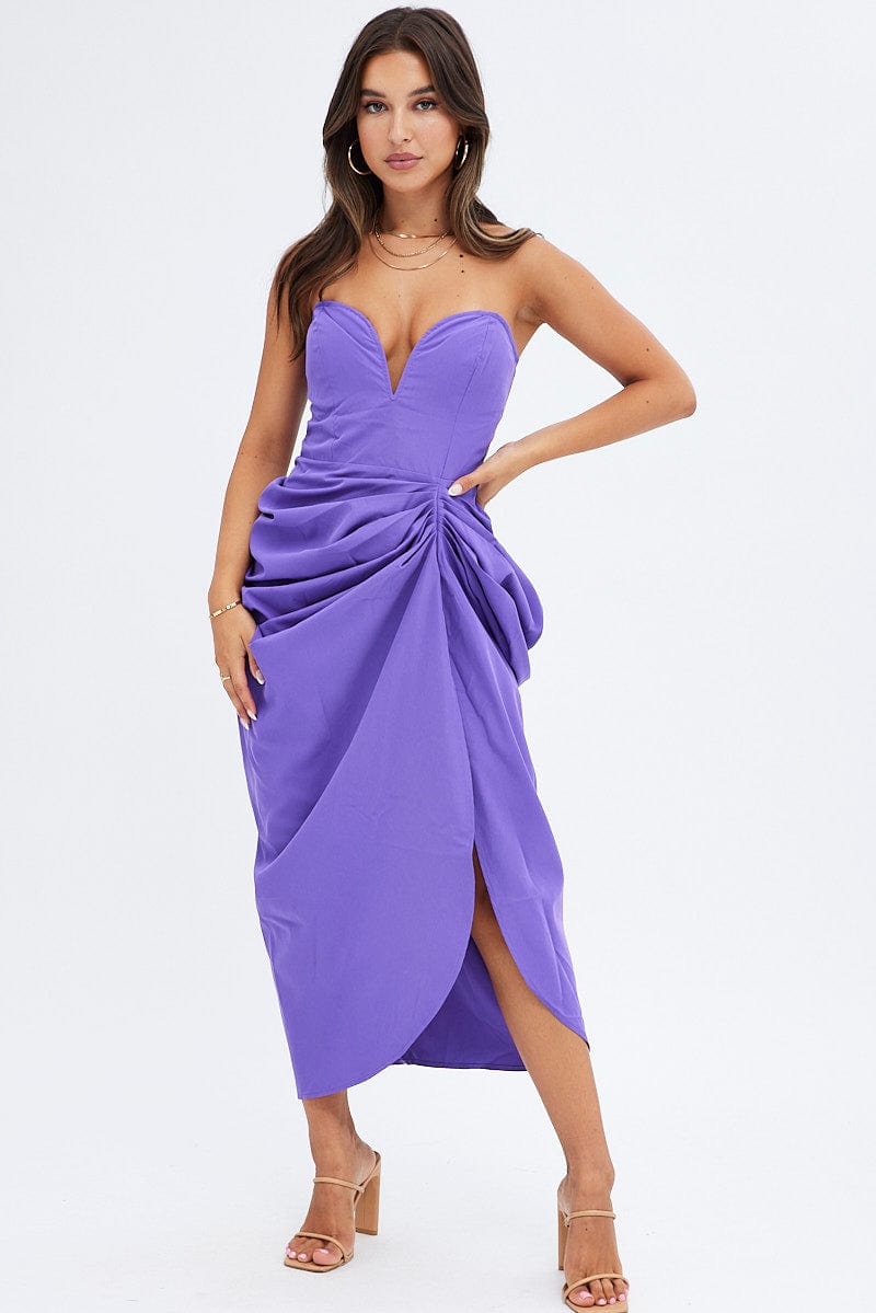 Purple Draped Dress Bandeau Midi for Ally Fashion