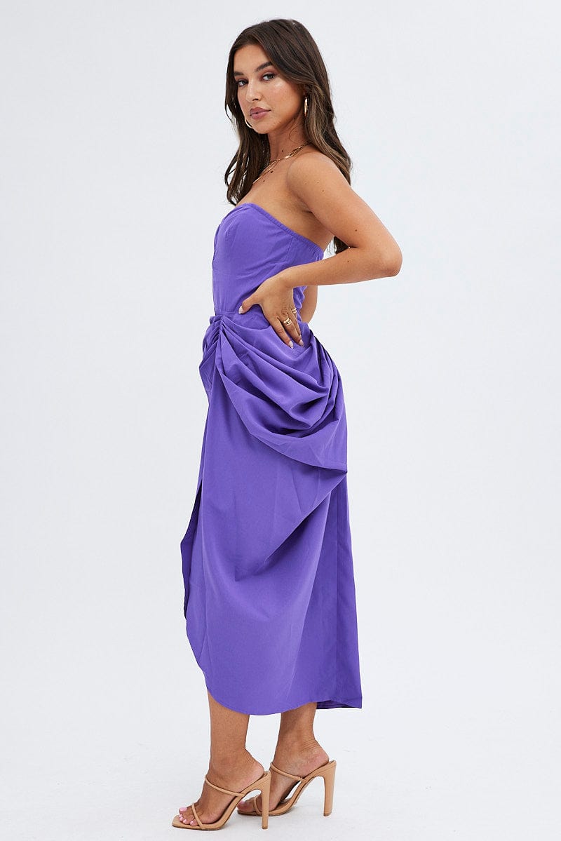 Purple Draped Dress Bandeau Midi for Ally Fashion