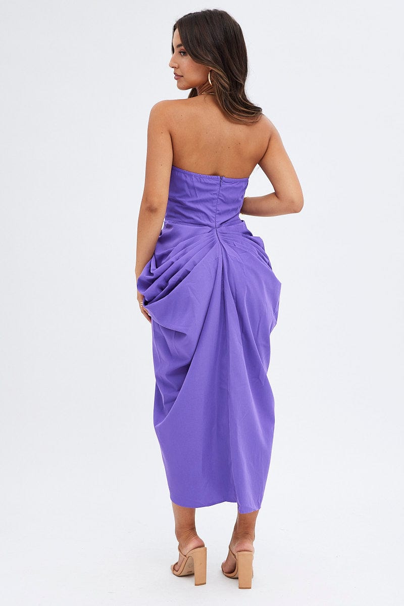 Purple Draped Dress Bandeau Midi for Ally Fashion