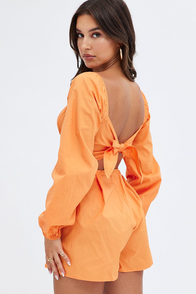 Orange Poplin Playsuit Long Sleeve Tie Back for Ally Fashion