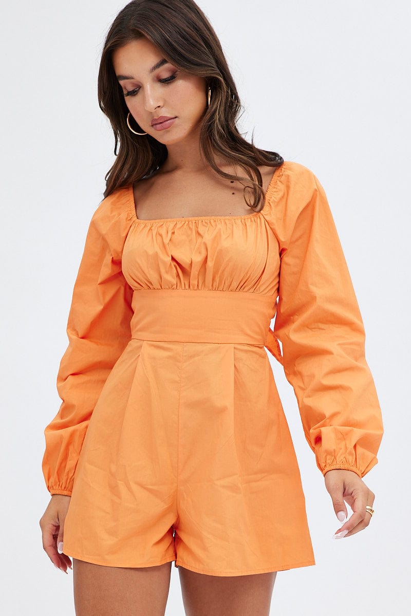 Orange Poplin Playsuit Long Sleeve Tie Back for Ally Fashion