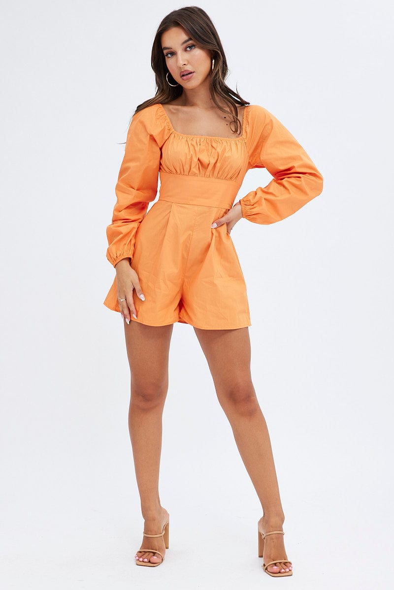 Orange Poplin Playsuit Long Sleeve Tie Back for Ally Fashion