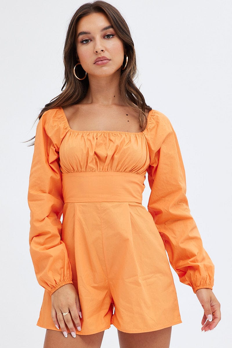 Orange Poplin Playsuit Long Sleeve Tie Back for Ally Fashion