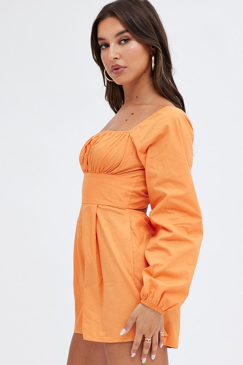 Orange Poplin Playsuit Long Sleeve Tie Back for Ally Fashion