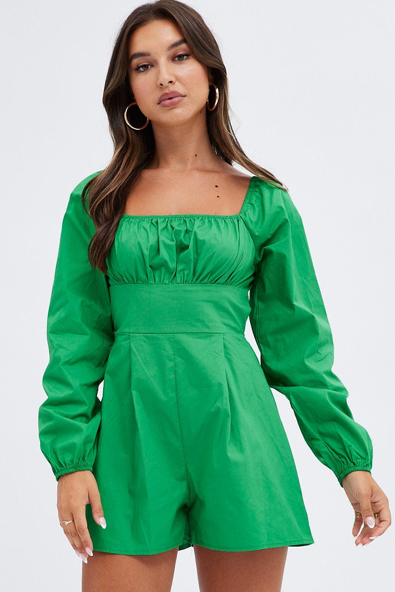 Green Poplin Playsuit Long Sleeve Tie Back for Ally Fashion