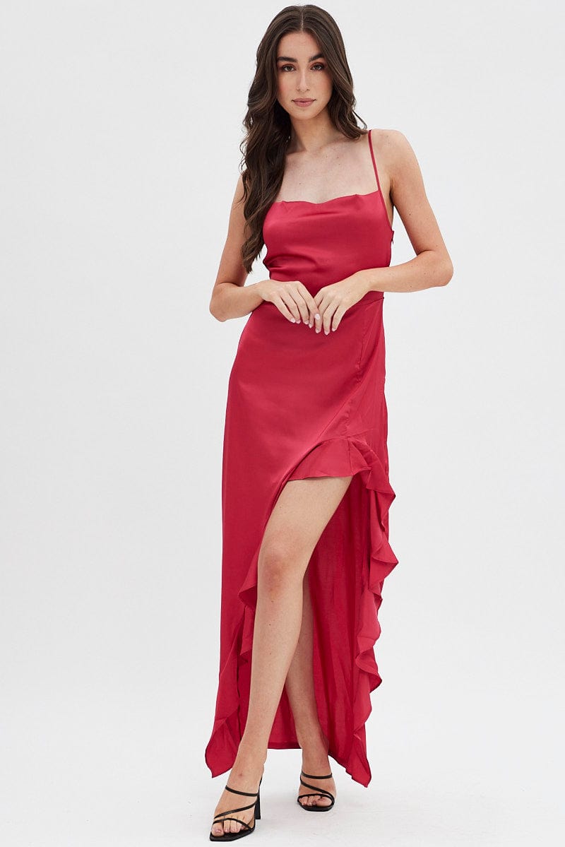 Red Ruffle Maxi Satin Cowl Neck Dress for Ally Fashion