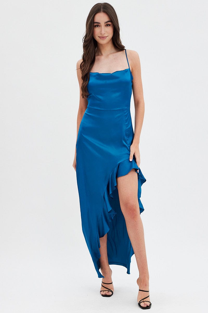 Blue Ruffle Maxi Satin Cowl Neck Dress for Ally Fashion