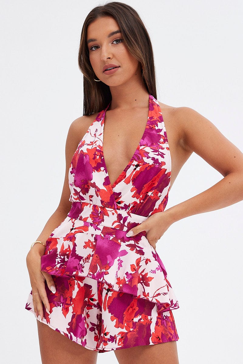 Multi Floral Playsuit Plunging Halter-neck for Ally Fashion