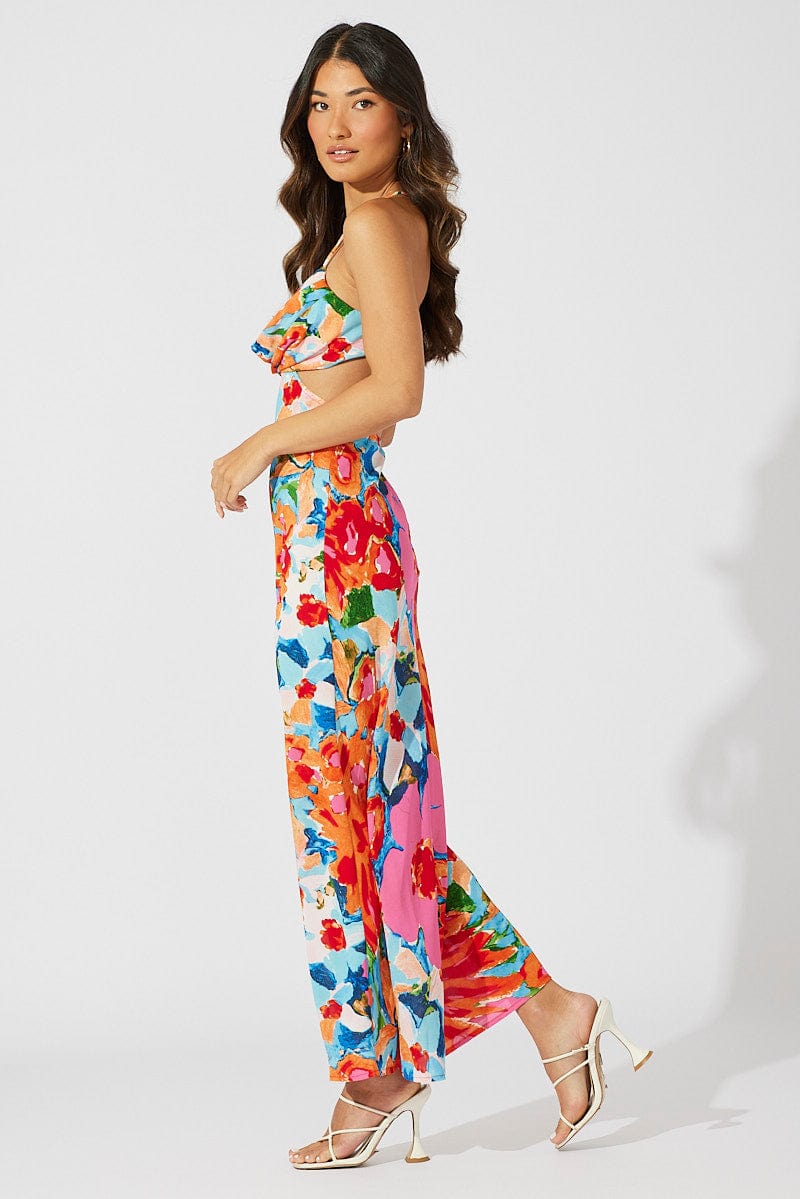 Multi Abstract Maxi Dress Abstract Floral Strappy Cut Out for Ally Fashion