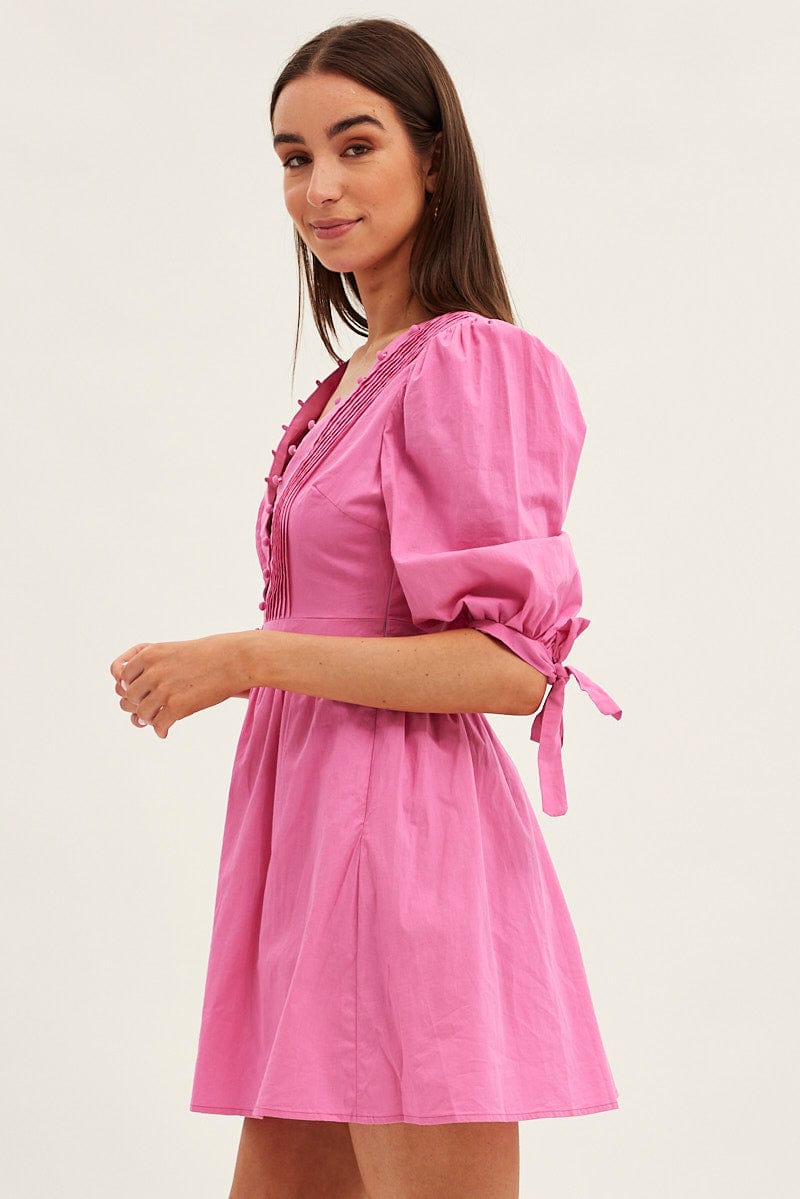 Pink Button Dress Puff Sleeve V Neck Cotton | Ally Fashion