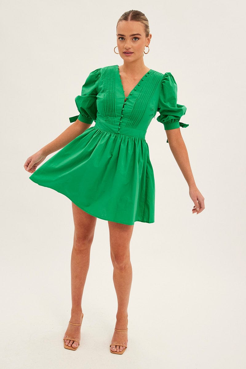 Green Button Dress Puff Sleeve V Neck Cotton for Ally Fashion