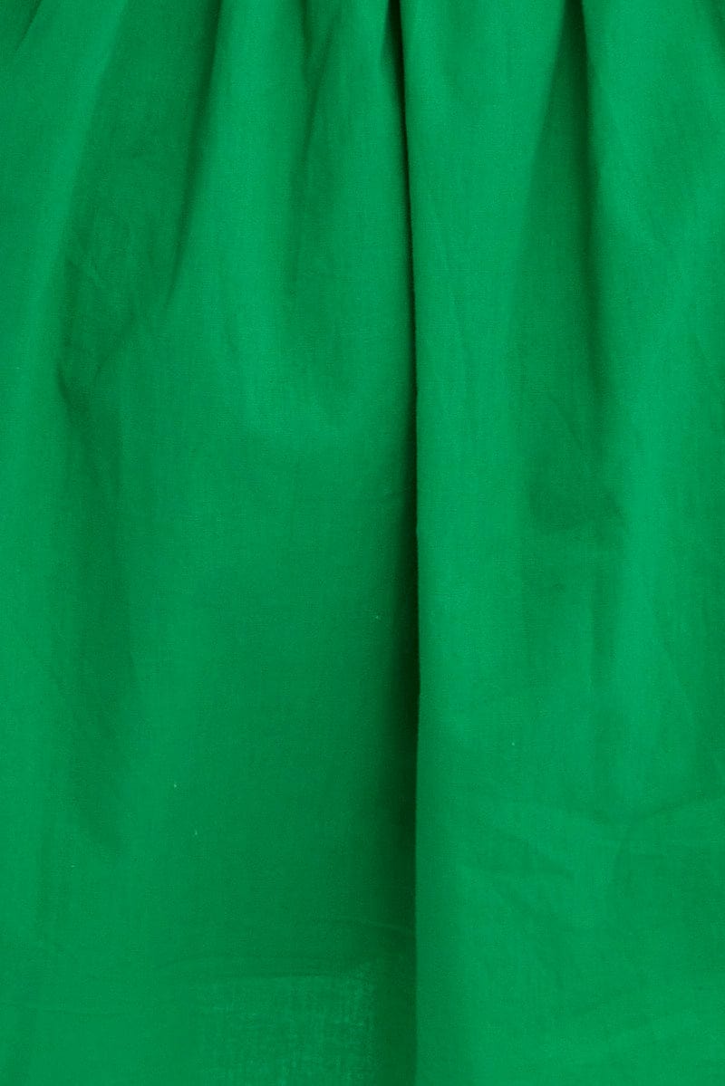 Green Button Dress Puff Sleeve V Neck Cotton for Ally Fashion