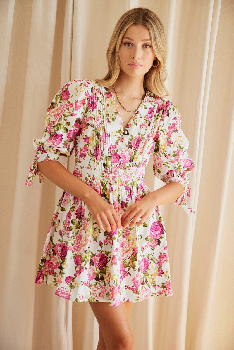 Multi Floral Button Dress Puff Sleeve Rose Floral for Ally Fashion