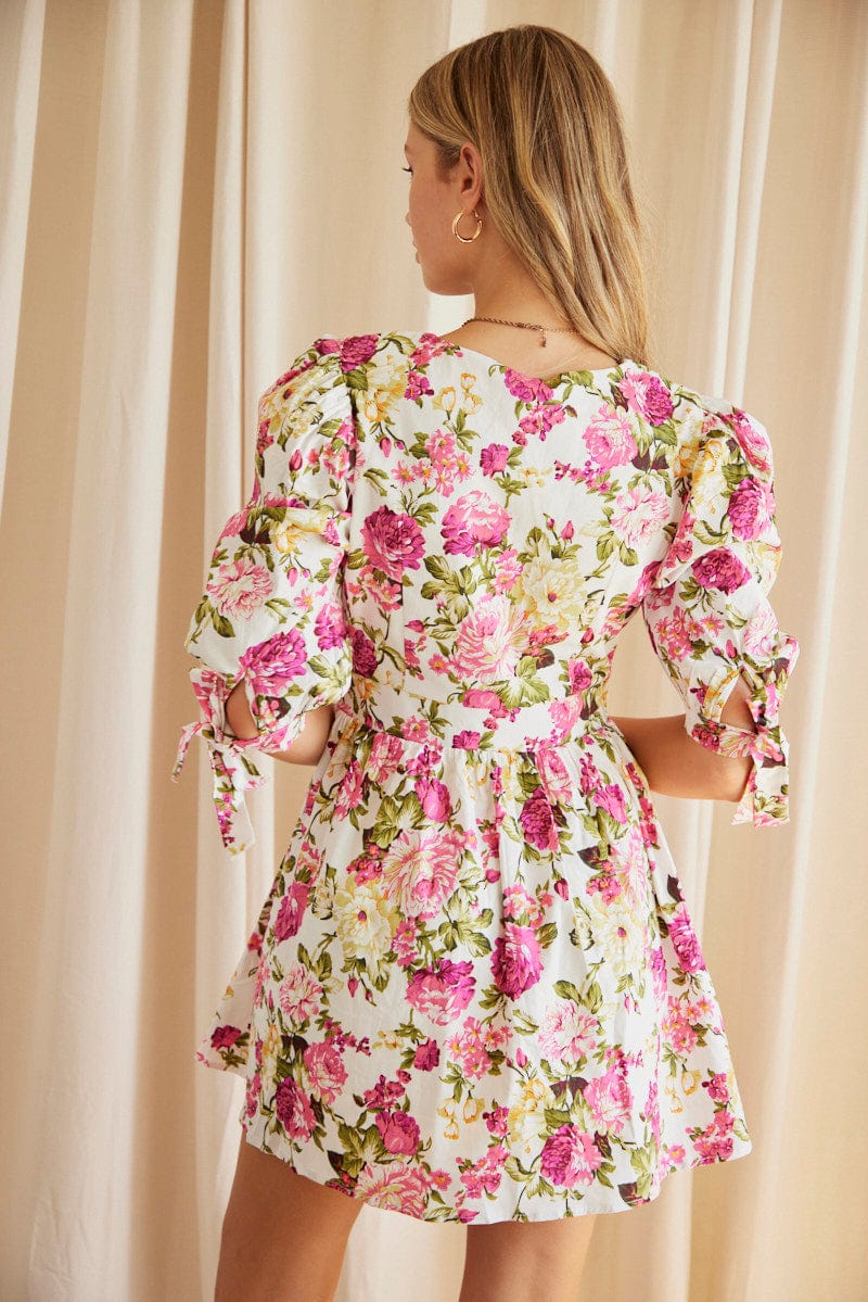 Multi Floral Button Dress Puff Sleeve Rose Floral for Ally Fashion