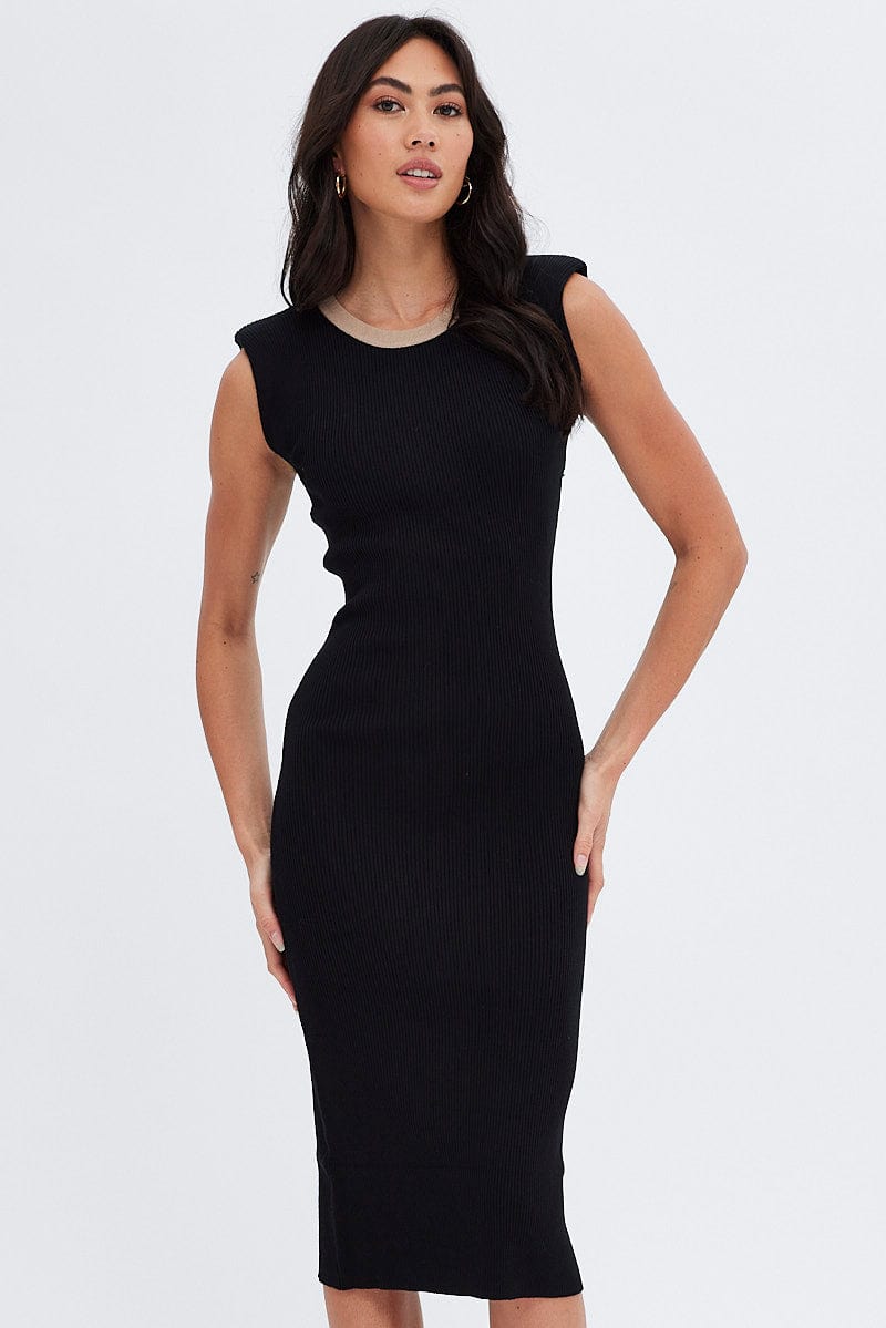 Black Knit Dress Sleeveless Round Neck Midi Shoulder Pad for Ally Fashion