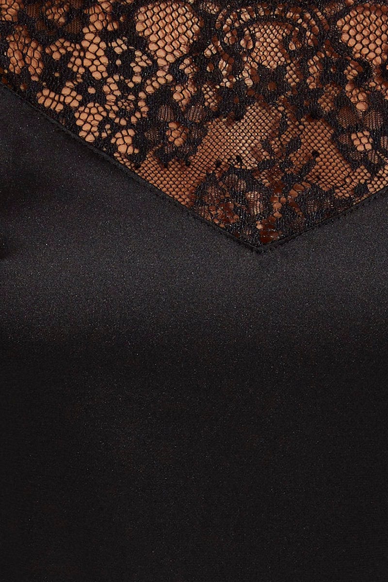 Black Slip Dress Sleeveless V Neck Midi Lace Satin for Ally Fashion