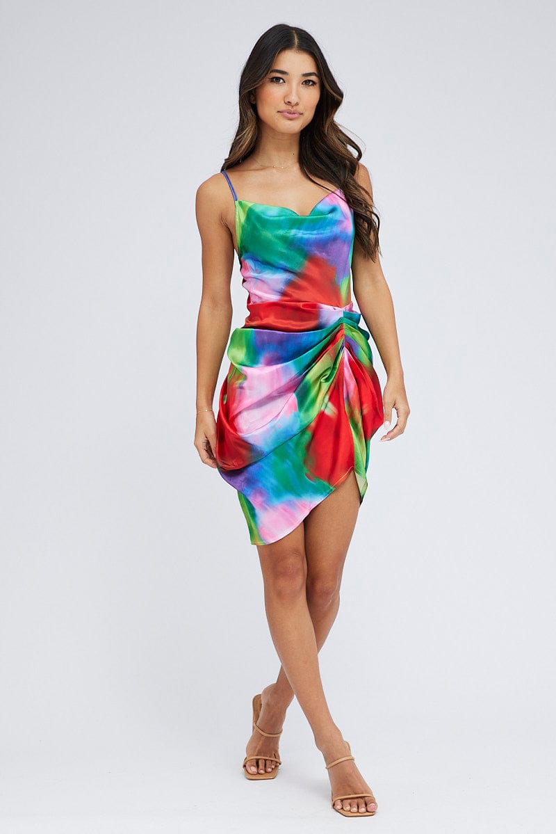 Multi Print Mini Dress Ruched Ombre Cowl Neck Satin for Ally Fashion