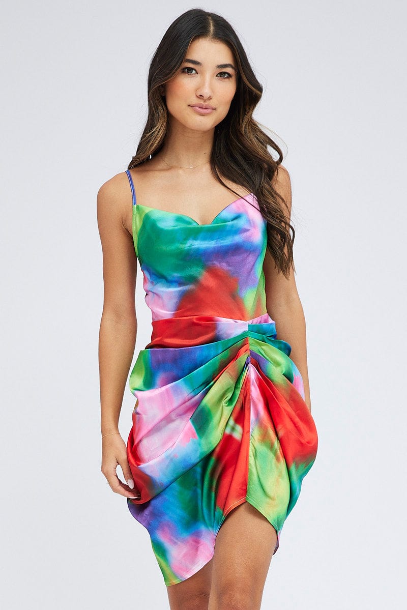 Multi Print Mini Dress Ruched Ombre Cowl Neck Satin for Ally Fashion